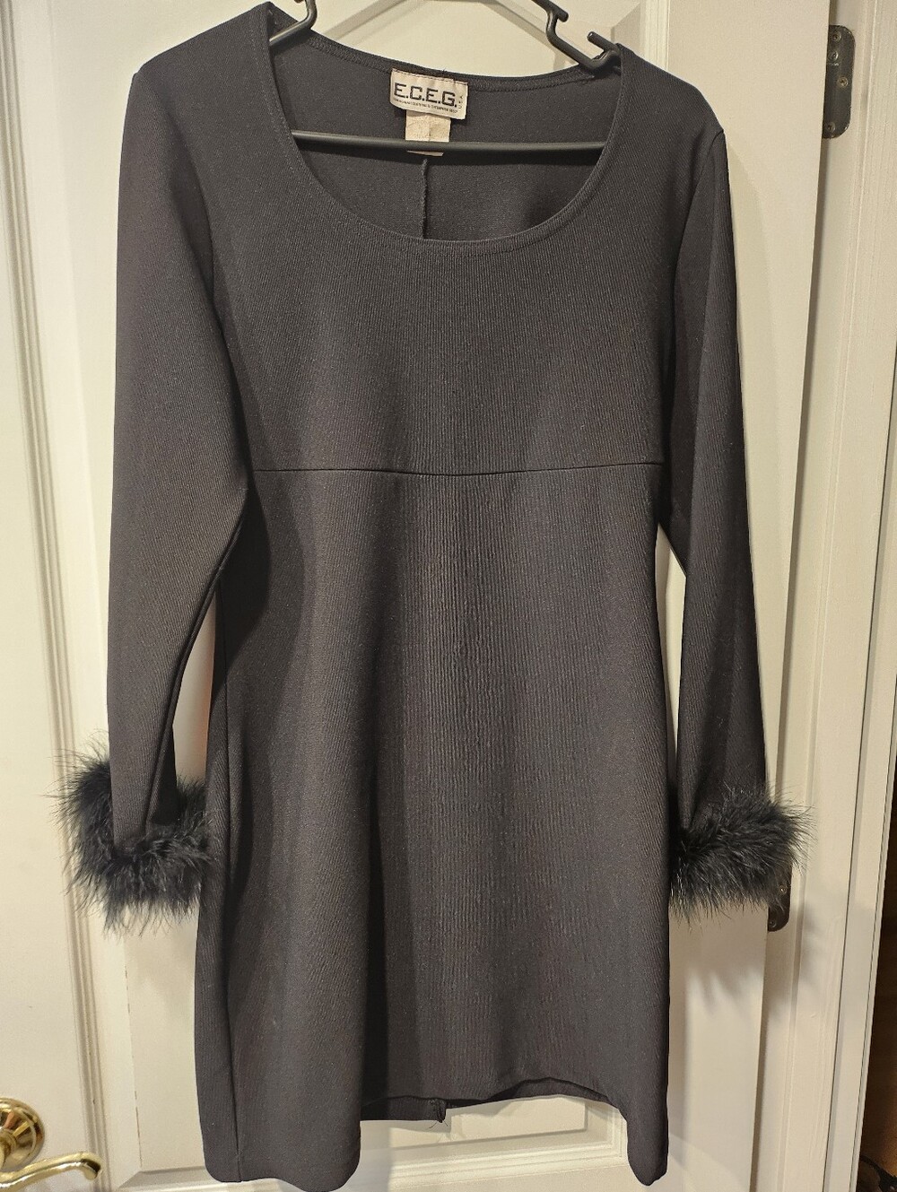 E.C.E.G Black Long-Sleeve Dress with Marabou Feather Cuffs Size M